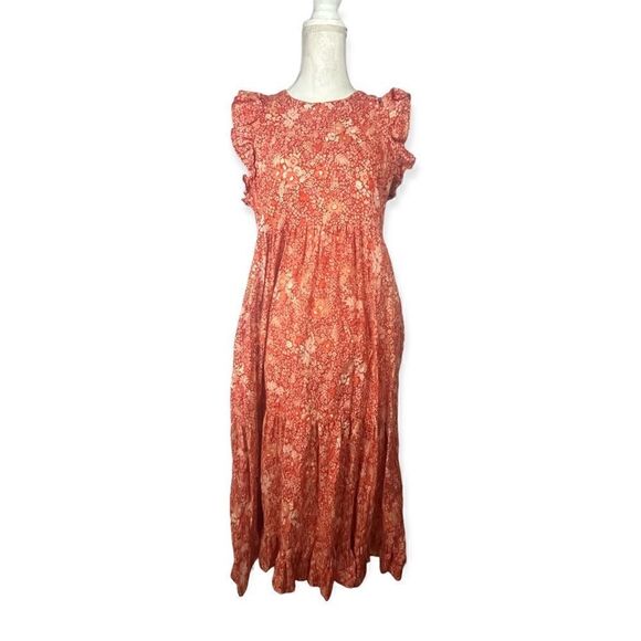 UNIVERSAL THREAD RUFFLE MAXI DRESS ORANGE RED FLORAL SLEEVELESS TIERED MEDIUM - Picture 3 of 10